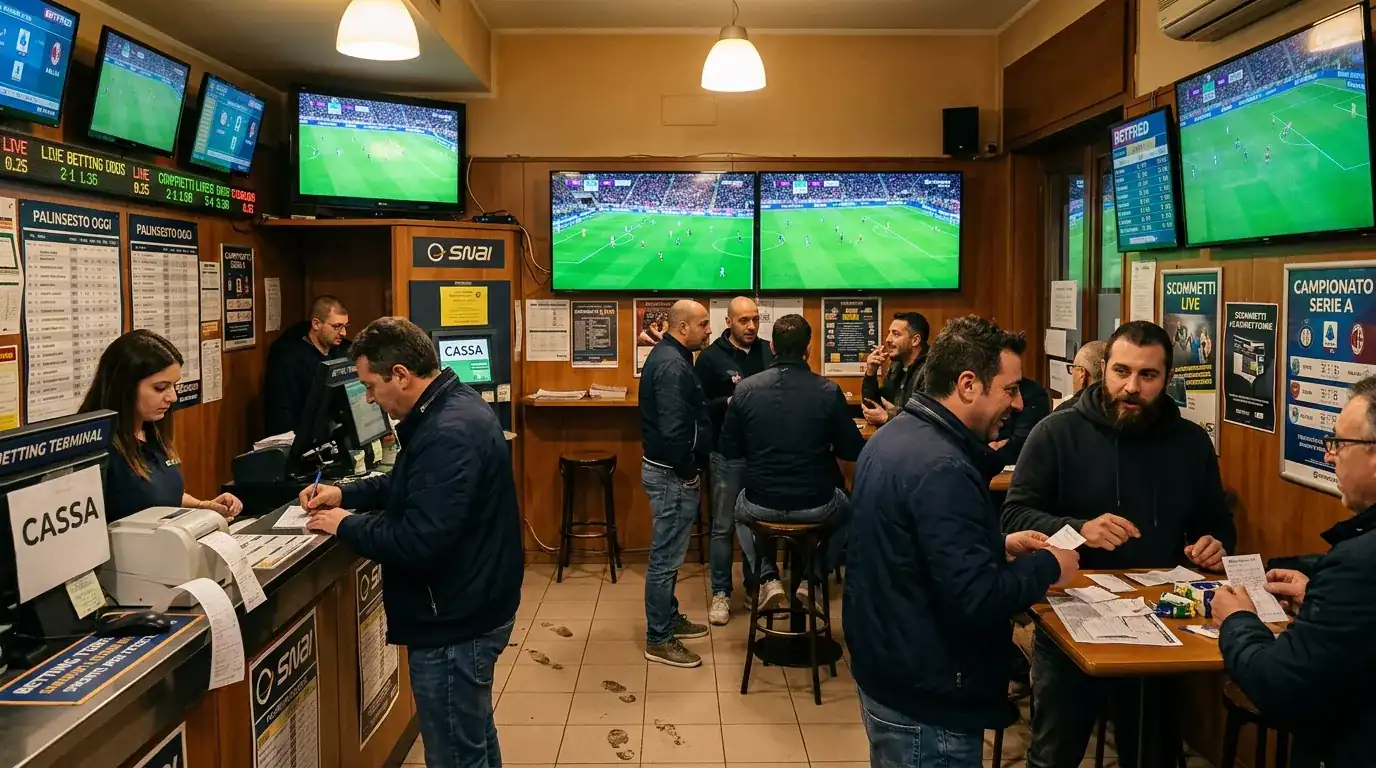 Interno di un'agenzia di scommesse con schermi e clienti che osservano