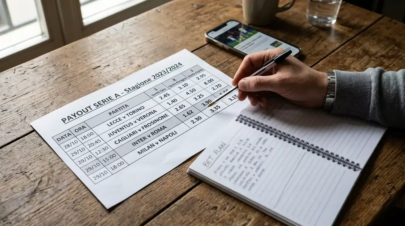 Foglio di lavoro con le quote 1X2 di cinque giornate di Serie A usate per misurare il payout