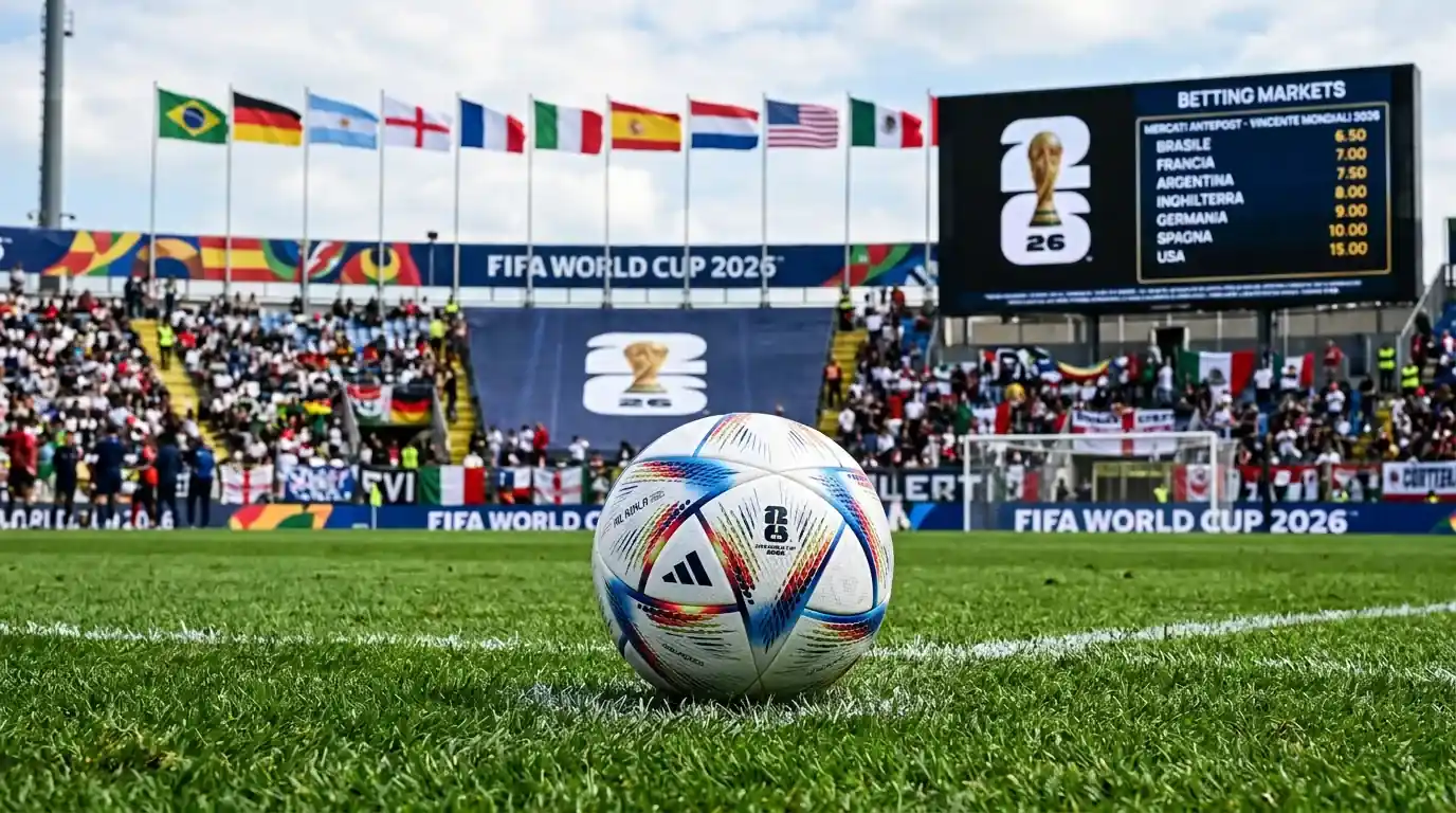 Pallone da calcio su un campo erboso con le bandiere delle nazionali, simbolo dei Mondiali 2026 e dei mercati antepost