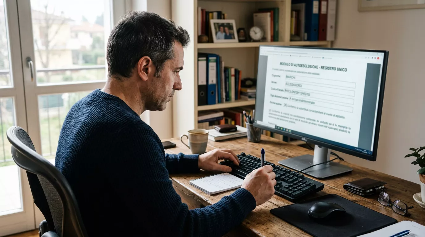 Persona compila la richiesta di autoesclusione su un computer