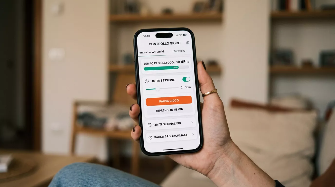Schermo mostra le opzioni di limiti e pausa di gioco su un'app