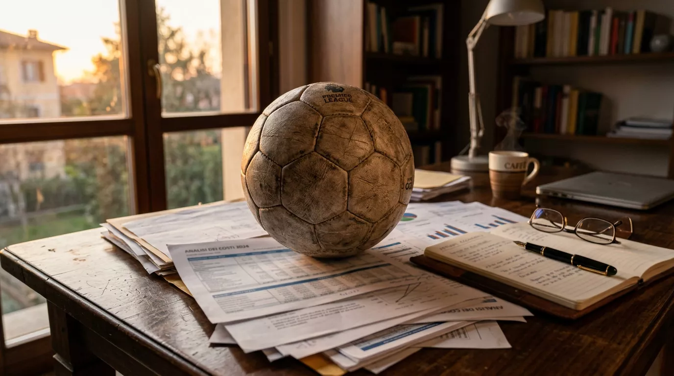Pallone da calcio e documenti economici intrecciati su una scrivania al tramonto