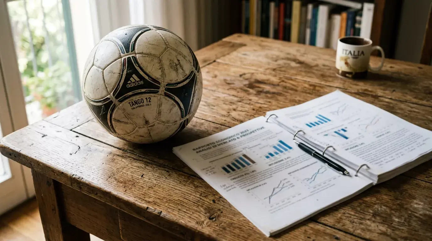 Documento economico e un pallone da calcio su una scrivania