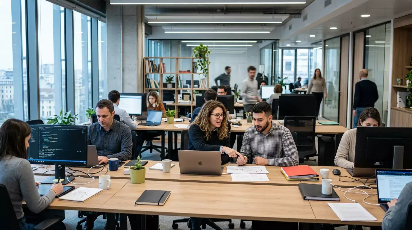 Lavoratori del settore del gioco in un ufficio moderno e ordinato