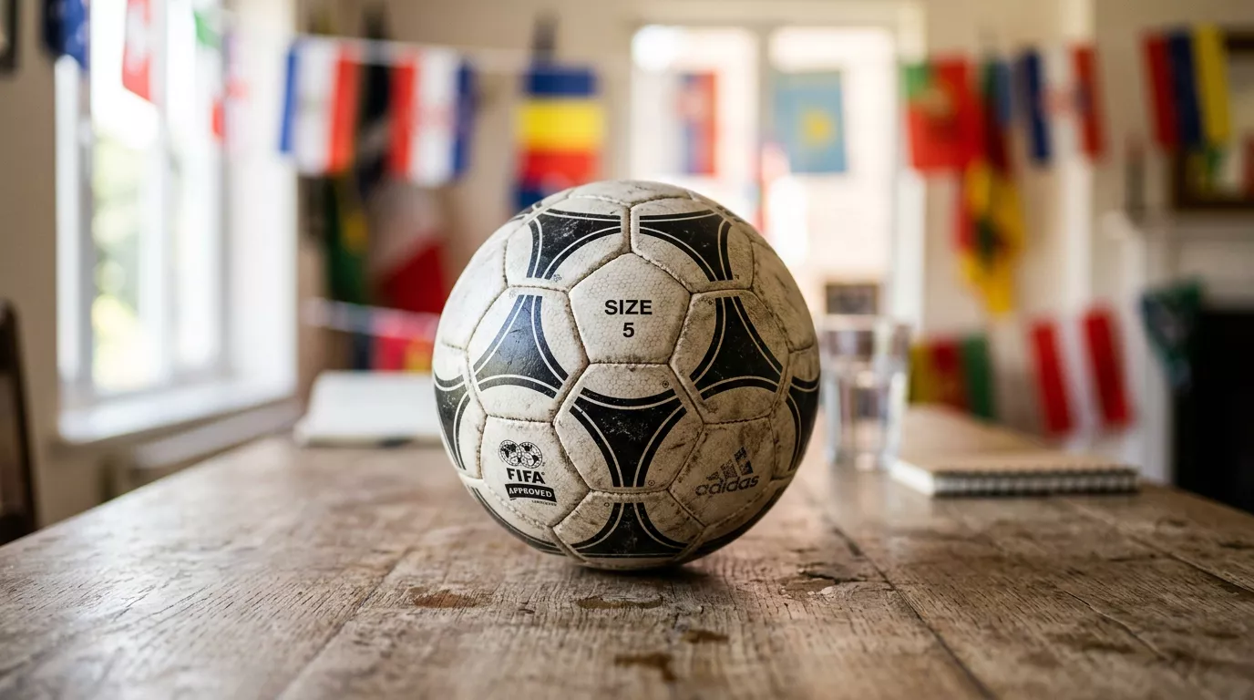 Pallone da calcio con bandiere internazionali sfocate sullo sfondo