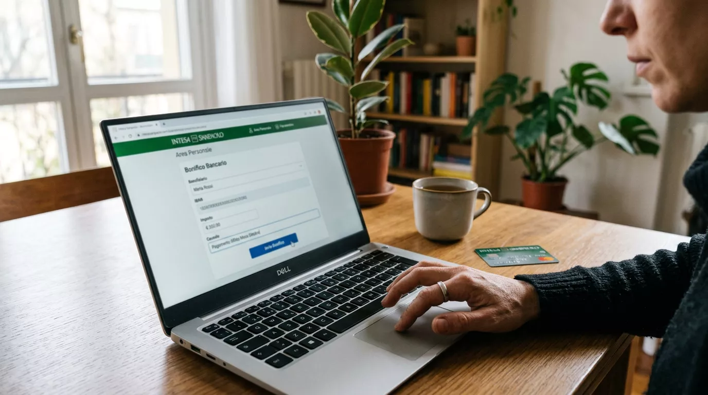 Schermo di home banking che mostra un trasferimento in corso su un computer