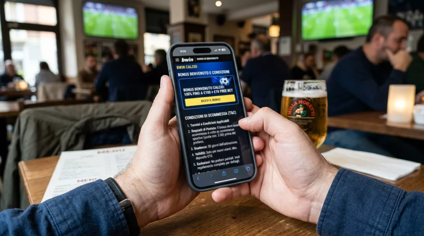 Schermata di un'app di scommesse calcio con la sezione del bonus di benvenuto e le condizioni di rollover
