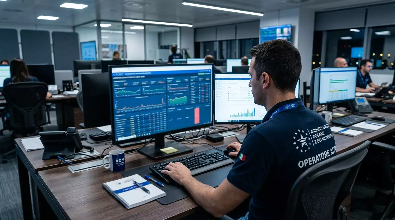 Analista di un operatore ADM controlla i flussi di gioco su un monitor