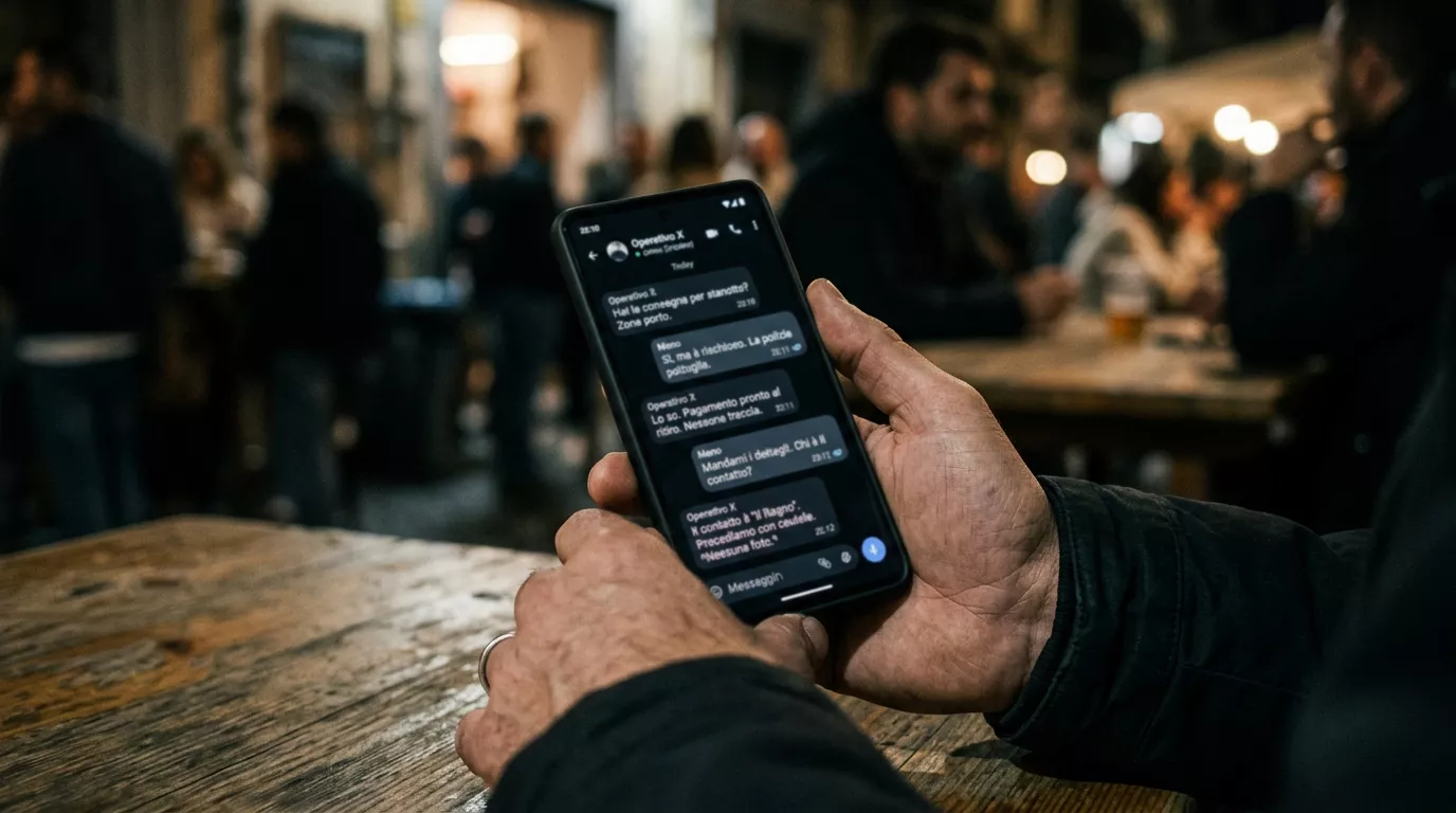 Smartphone con una chat di messaggistica che evoca gli agenti illegali