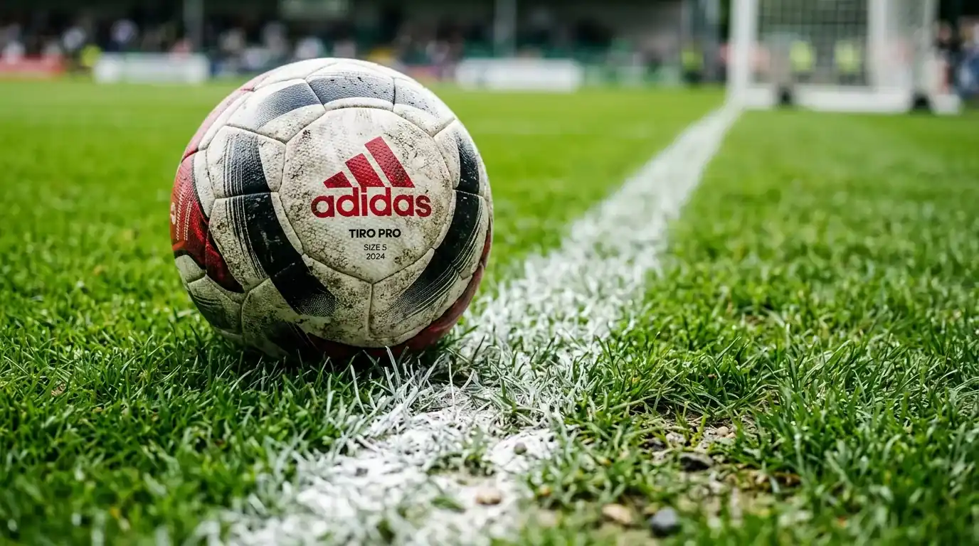 Pallone sul dischetto del rigore in primo piano su un campo di calcio