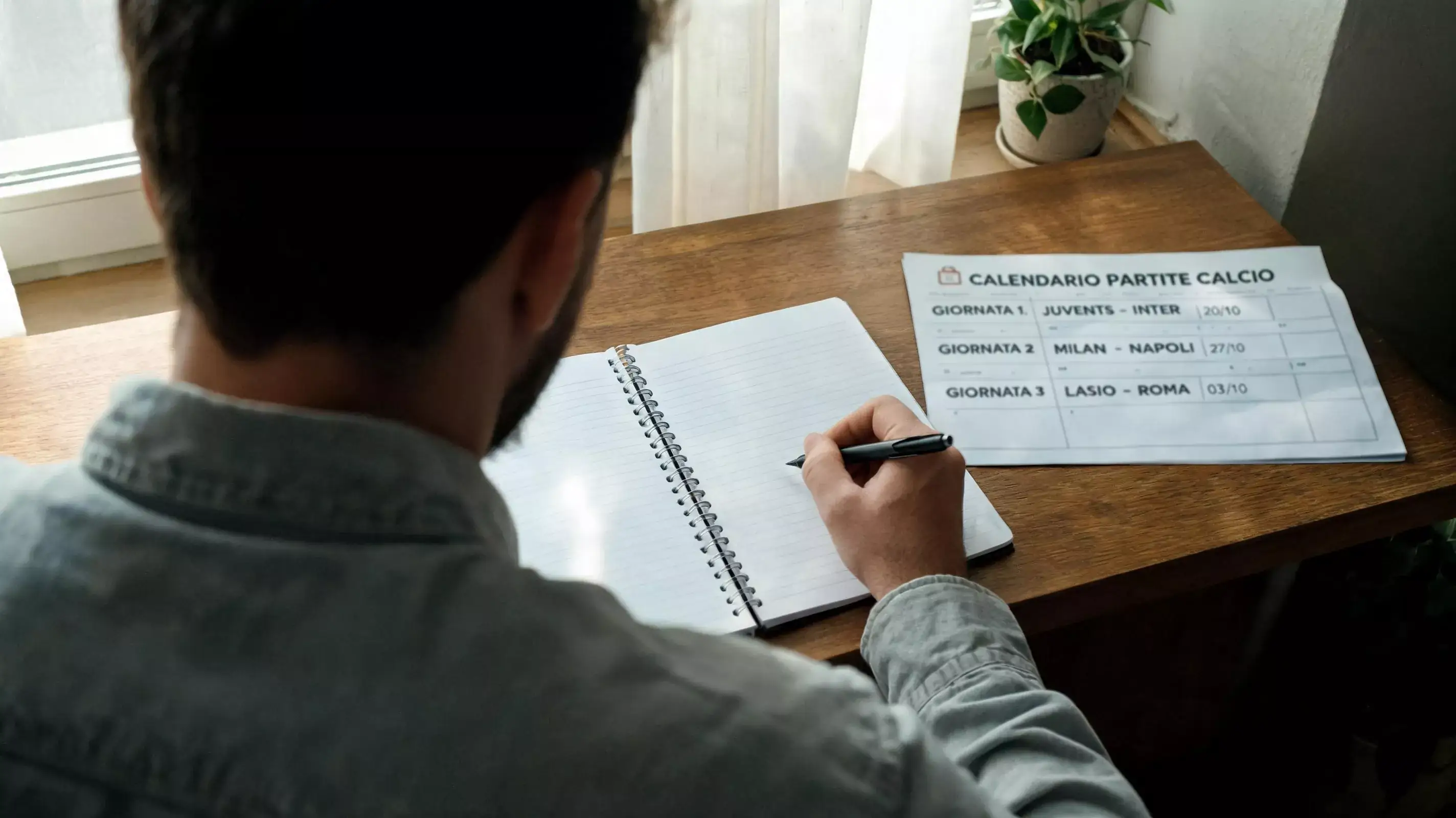 Appassionato studia il calendario europeo su un quaderno con calma e metodo