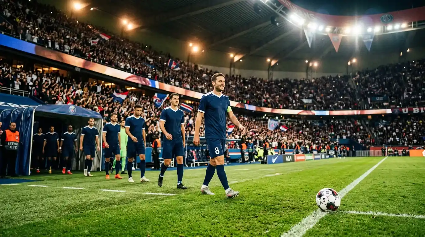 Calciatori in maglia generica entrano in campo in uno stadio in una serata europea