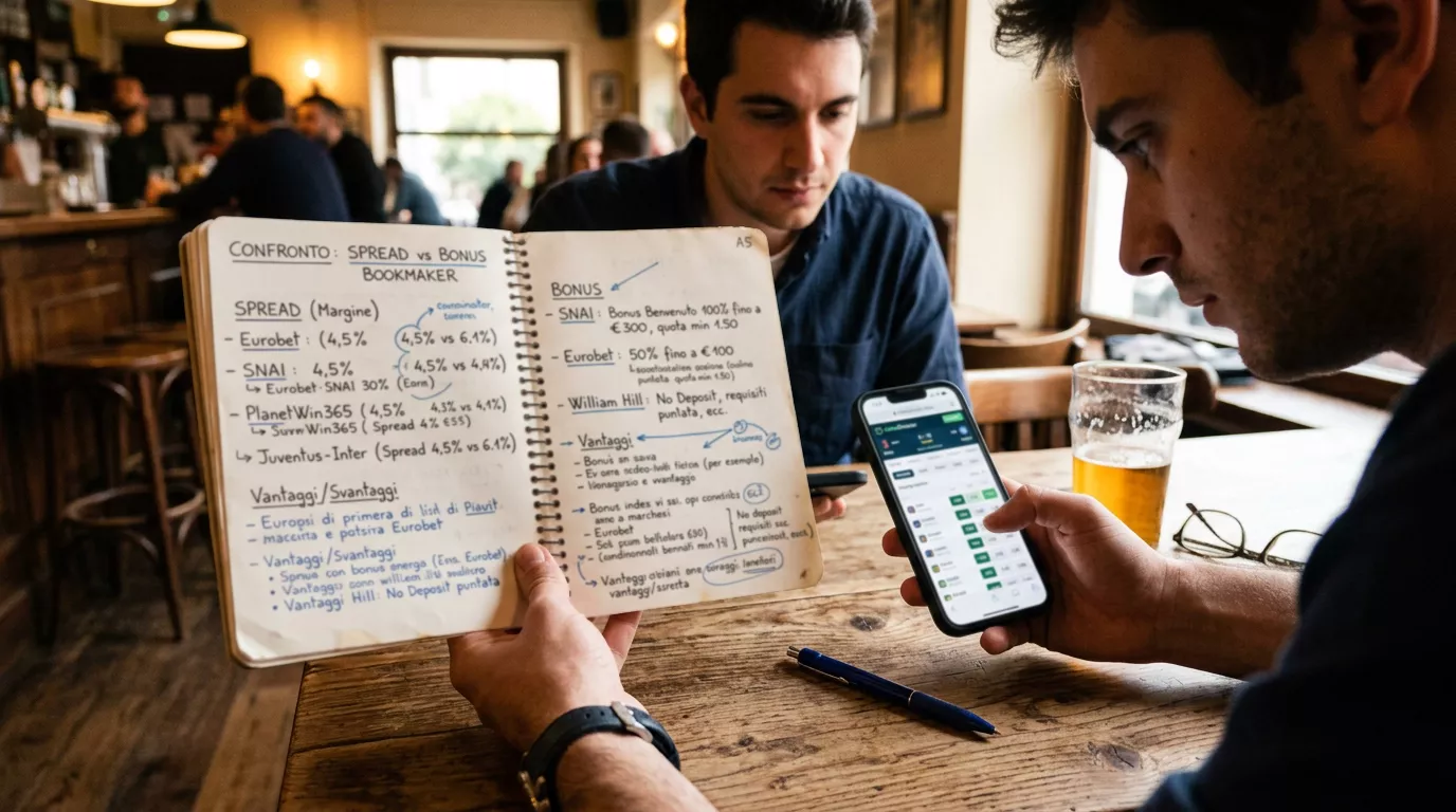 Quaderno con appunti sul confronto tra spread e bonus dei bookmaker