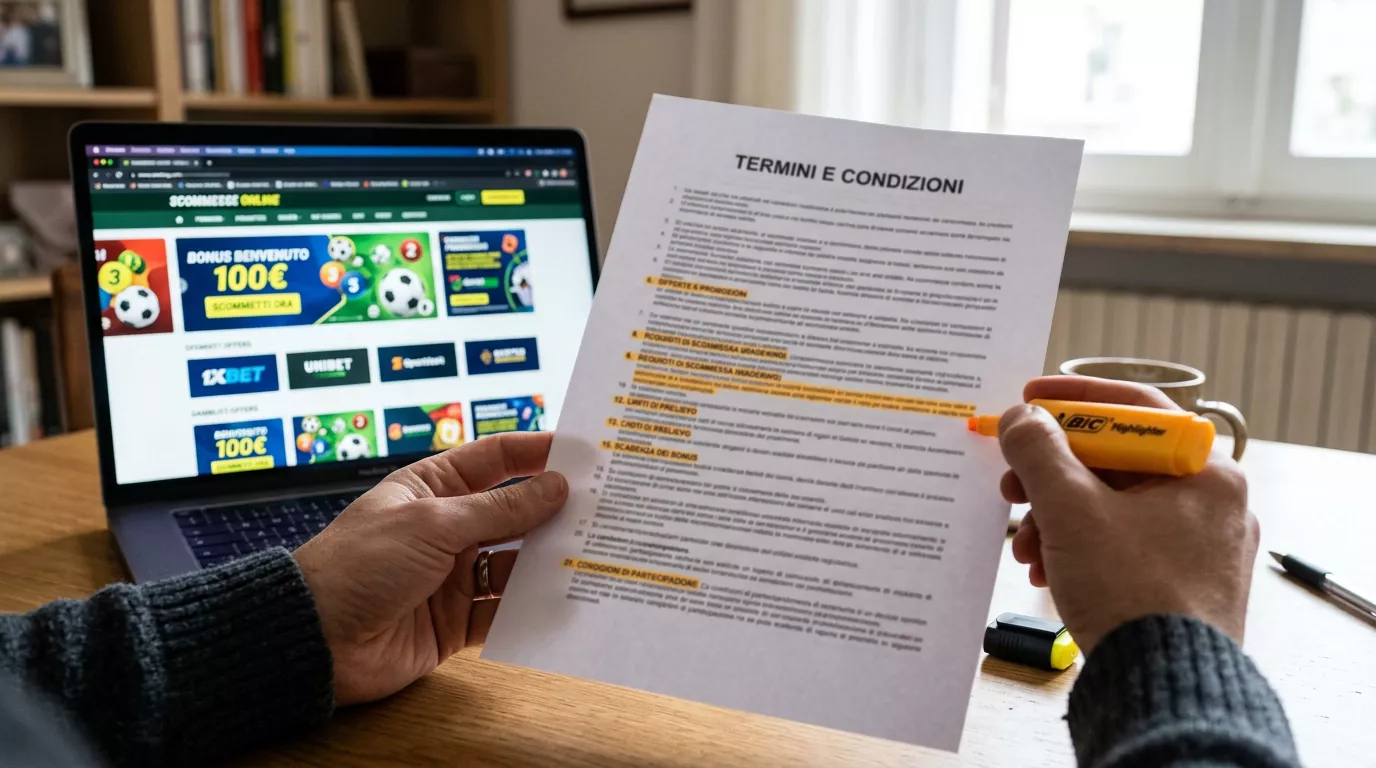 Lettura attenta delle condizioni di un bonus su un sito di scommesse, con i punti chiave evidenziati
