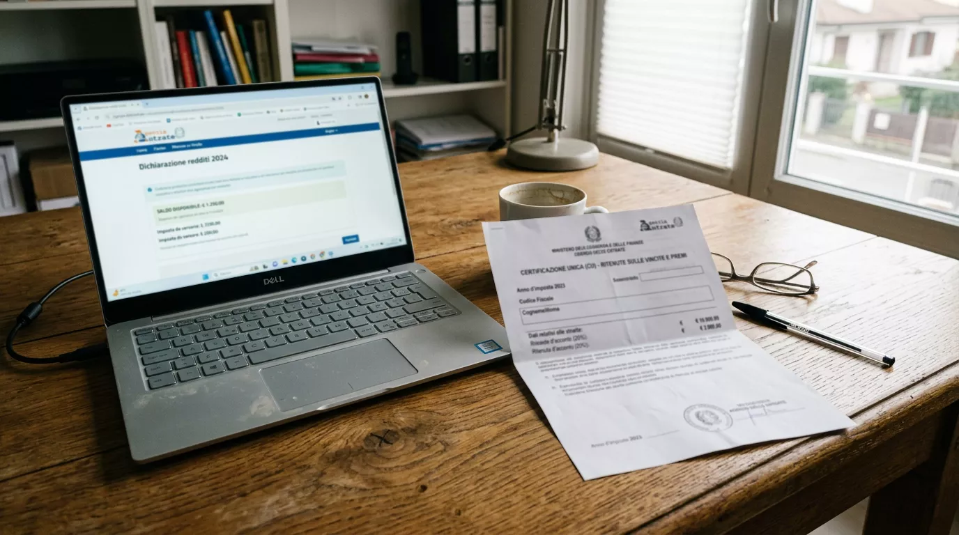 Documento che richiama la tassazione delle vincite accanto a un computer