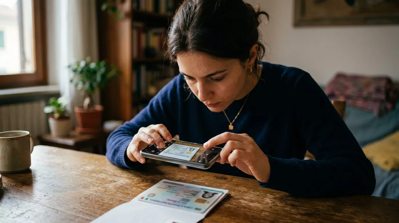 Persona carica un documento per la verifica dell'identita su un telefono