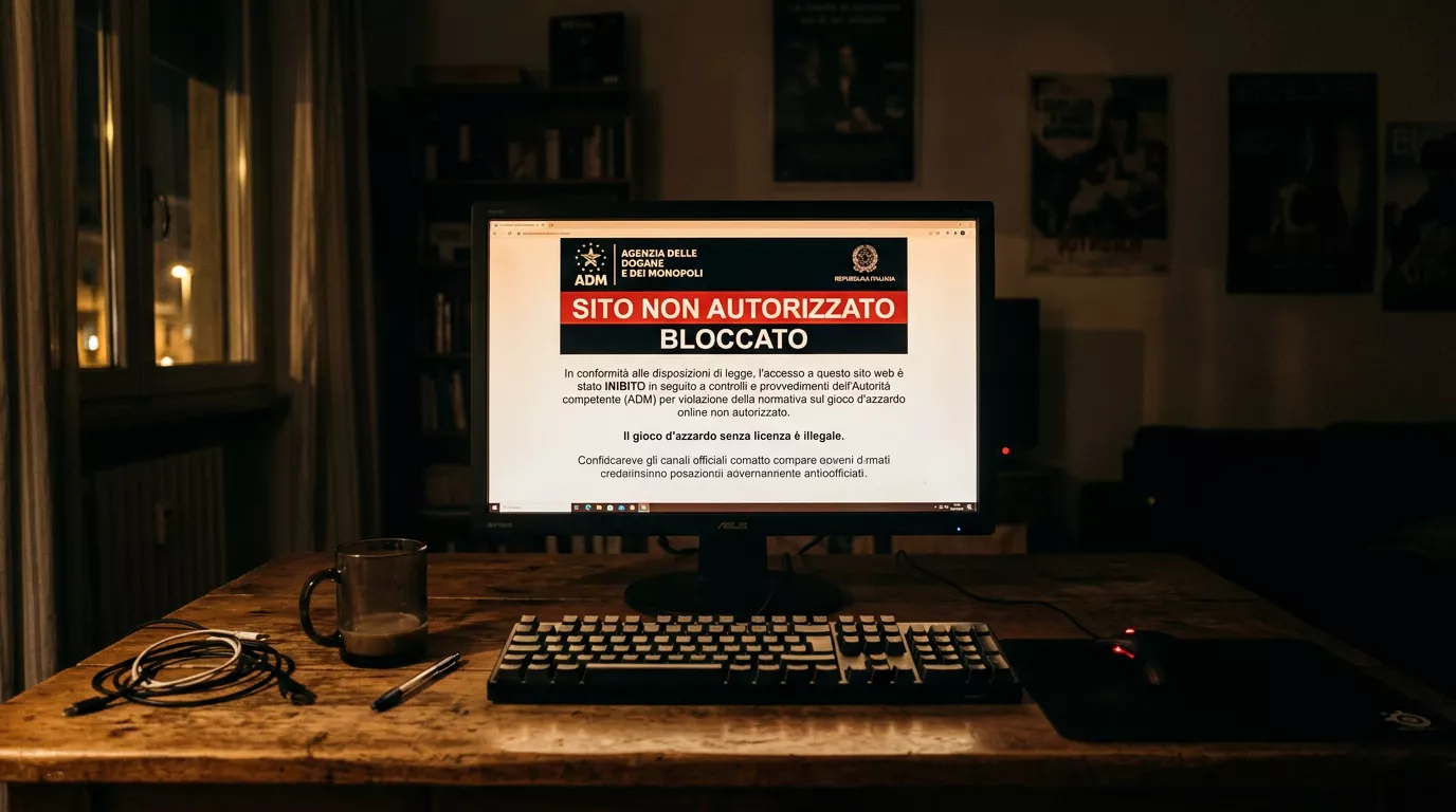 Schermo di un computer che mostra l'avviso di un sito di scommesse non autorizzato bloccato dai controlli