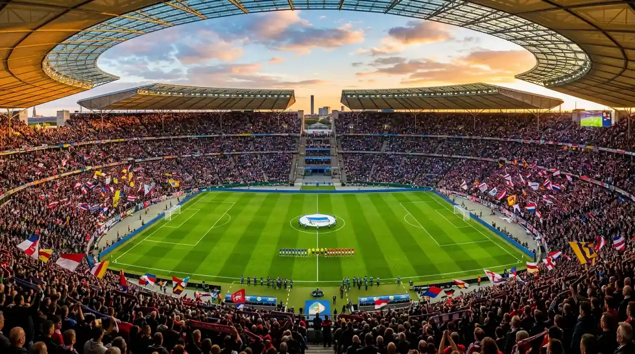 Grande stadio gremito con il prato illuminato prima di una finale di calcio
