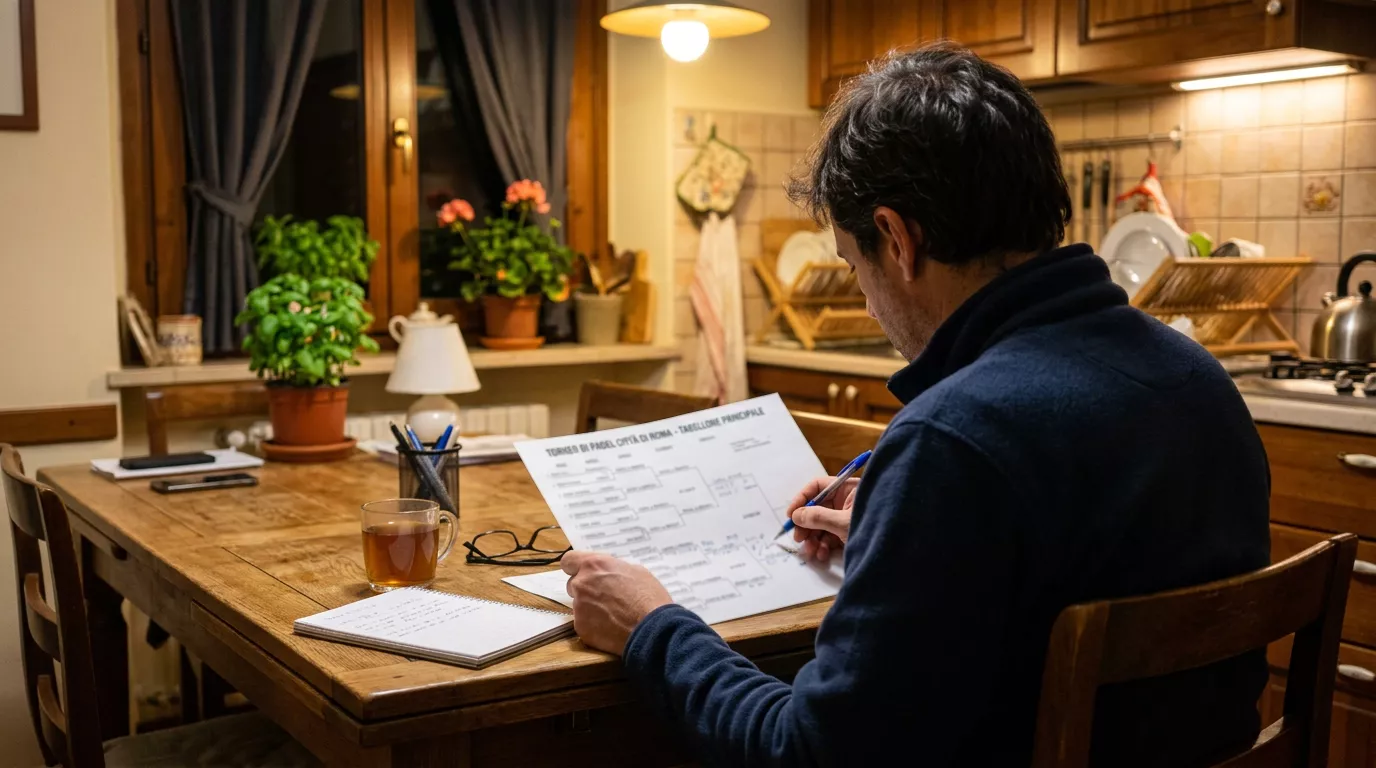 Tifoso analizza con attenzione gli accoppiamenti del tabellone su un quaderno