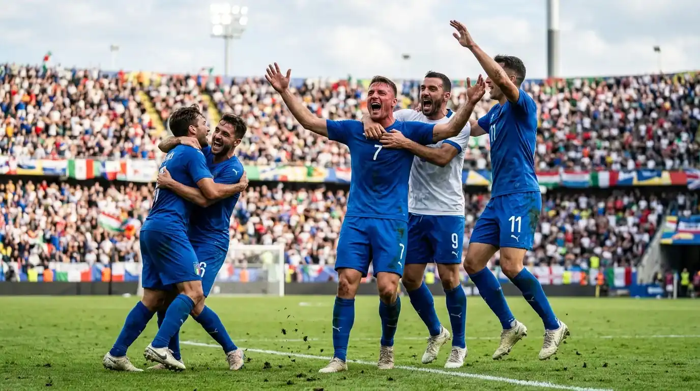 Giocatori di calcio esultano dopo un gol a sorpresa in una gara secca