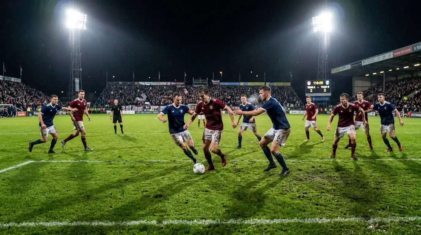 Cronometro di gara mostra i tempi supplementari di una partita di calcio serale
