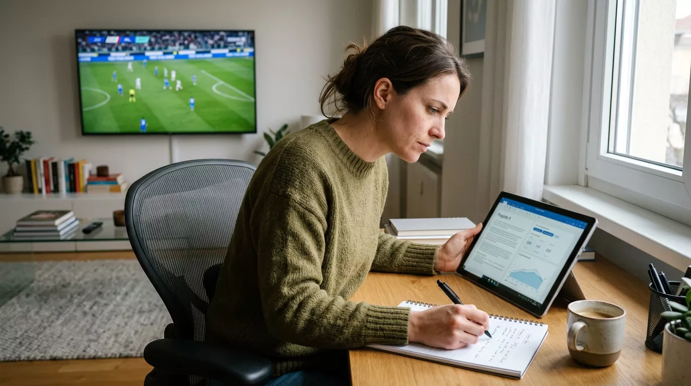 Persona che confronta su tablet e taccuino i criteri per scegliere un bookmaker di scommesse calcio