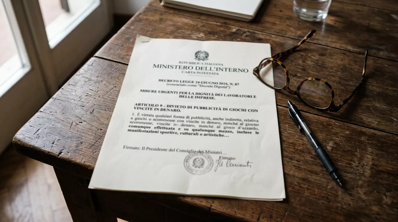 Documento normativo italiano sul divieto di pubblicita delle scommesse