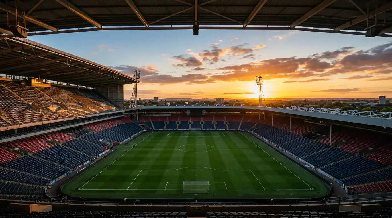 Stadio di calcio vuoto al tramonto che evoca il peso economico sul sistema