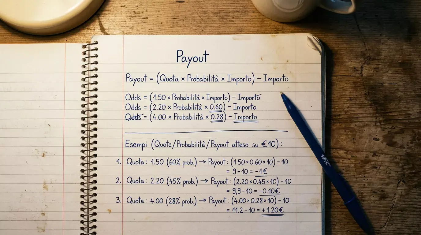 Foglio con la formula del payout e le probabilità implicite ricavate dalle quote di un mercato 1X2