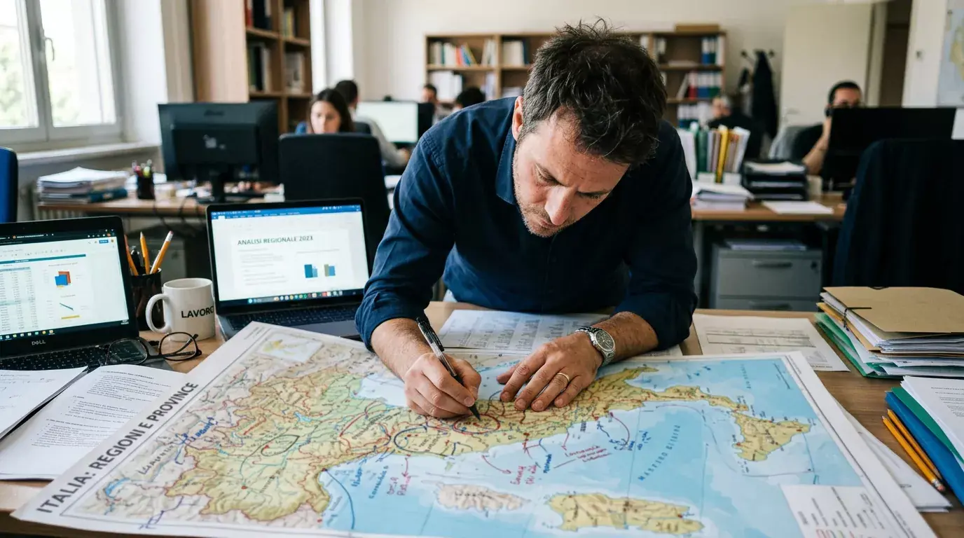 Analista studia una mappa territoriale del gioco su una scrivania