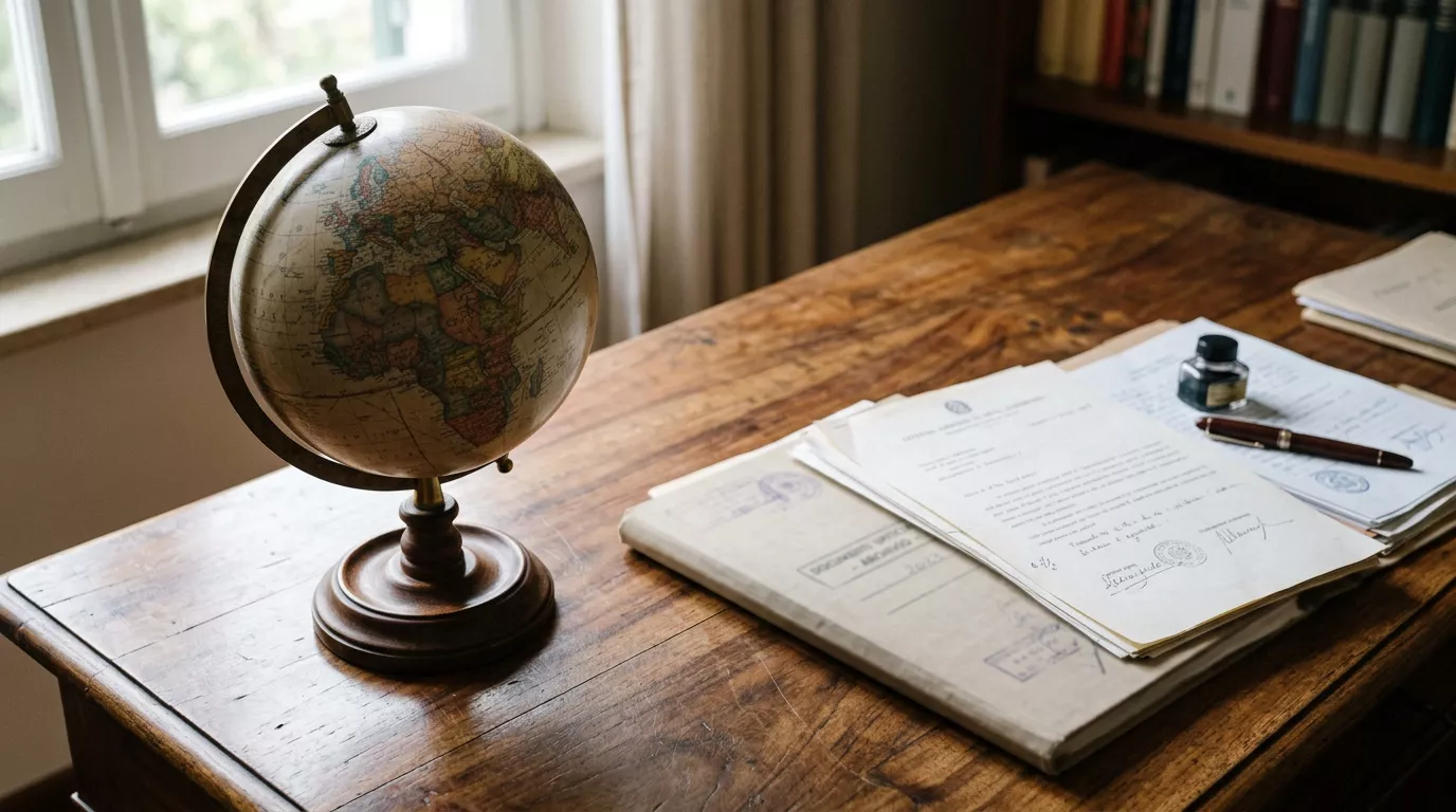 Mappamondo accanto a documenti che evocano il confronto internazionale