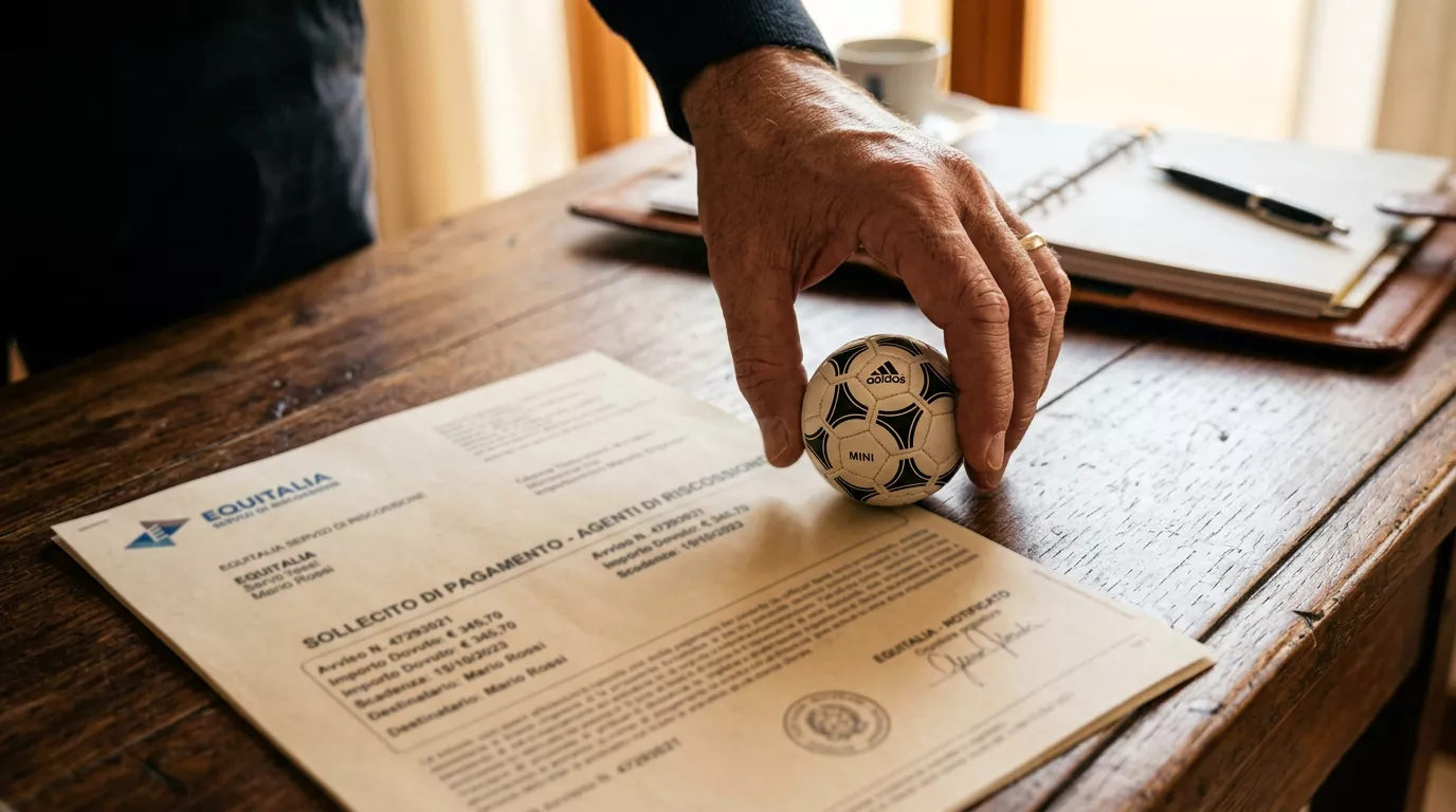 Mano posa un pallone accanto a un documento che richiama il contributo fiscale