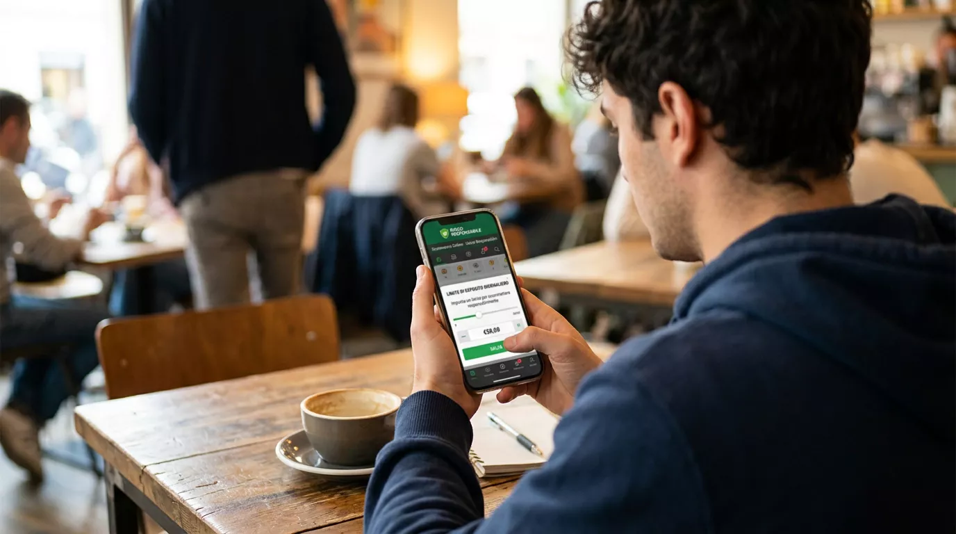 Persona che imposta un limite di deposito su un'app di scommesse, simbolo del gioco responsabile