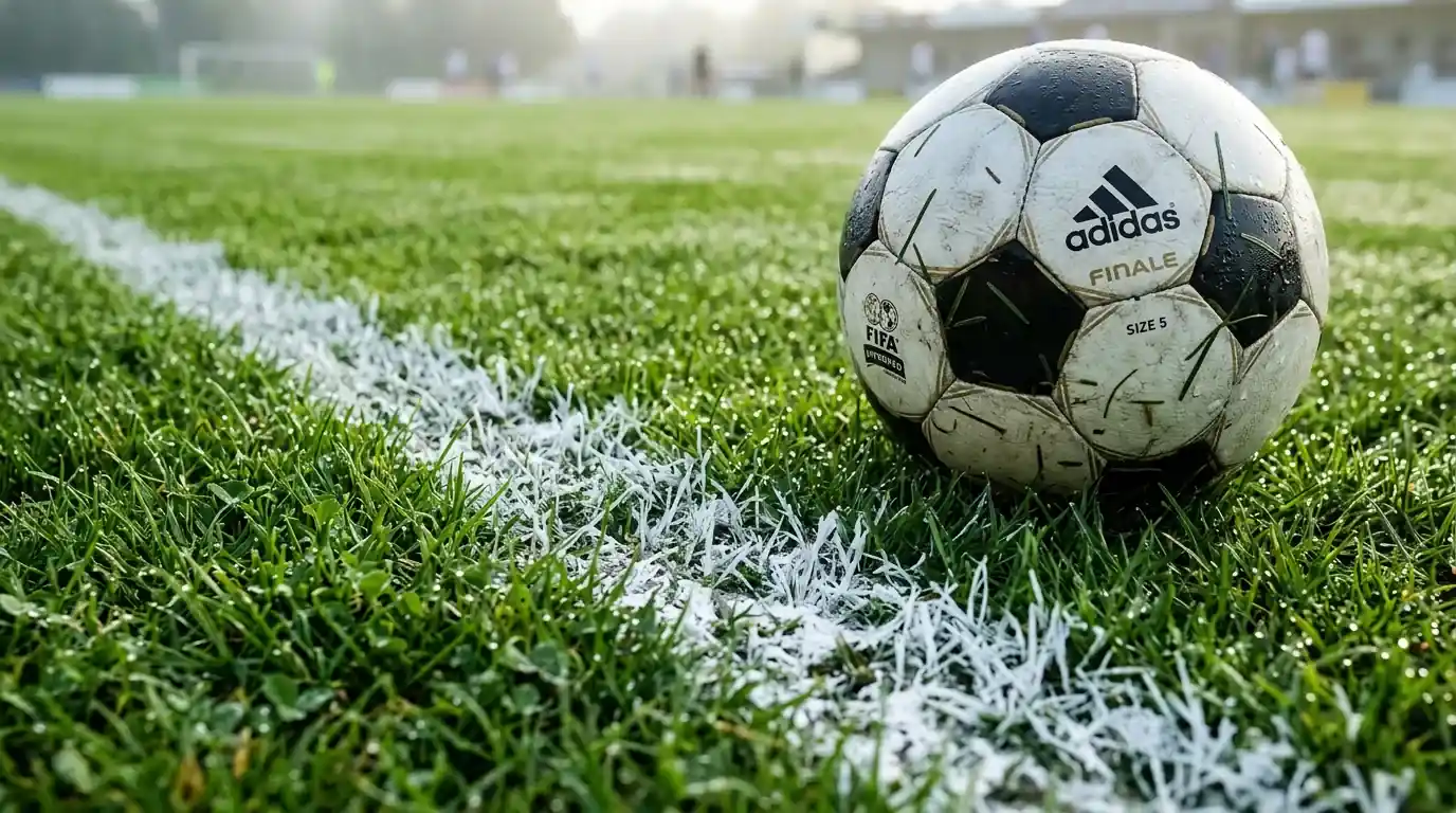 Linea bianca del campo da calcio in primo piano con il pallone accanto