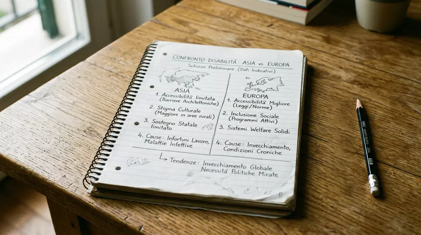 Quaderno con schema disegnato a mano che confronta handicap asiatico ed europeo