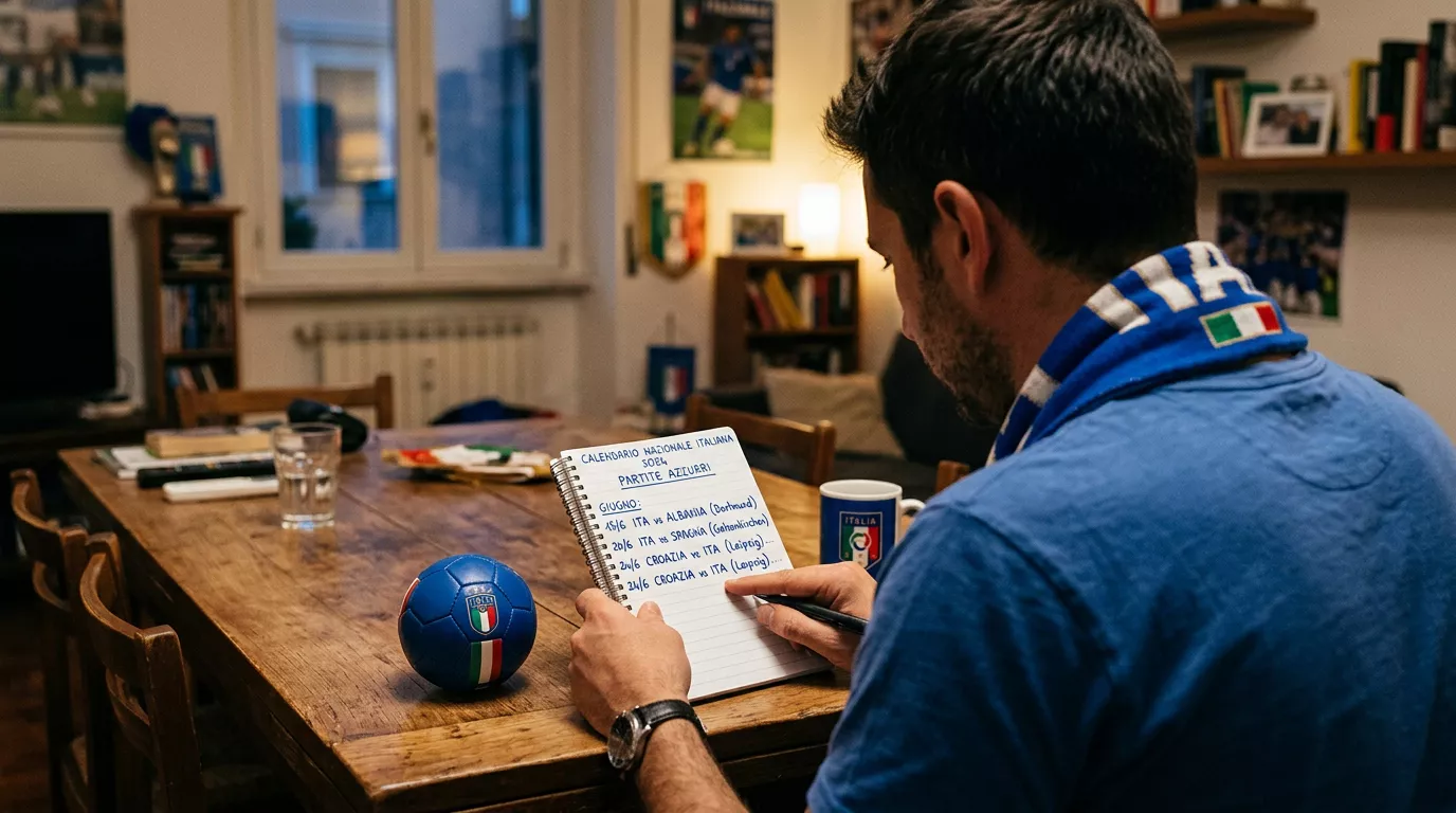 Scommettitore studia il calendario delle partite della Nazionale su un quaderno