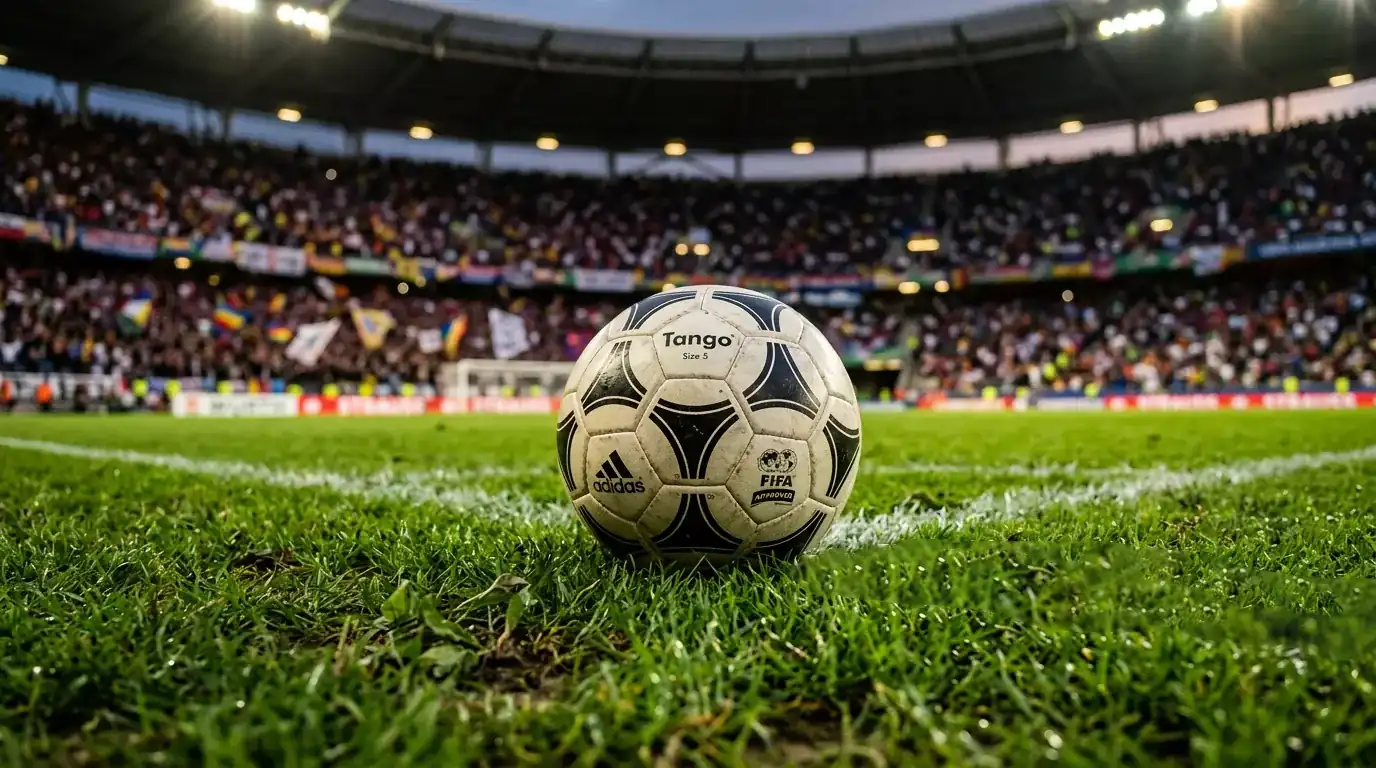 Pallone su un campo da calcio con tribune piene durante una gara della Nazionale