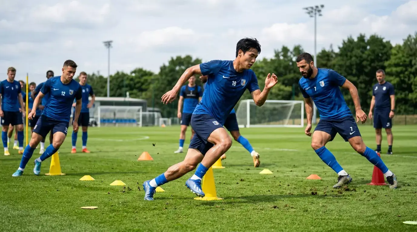 Calciatori in maglia azzurra generica si allenano in campo per il nuovo ciclo
