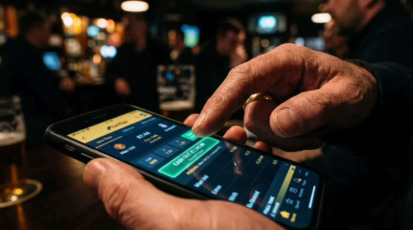 Dito sopra il pulsante di cash out durante una scommessa live di calcio