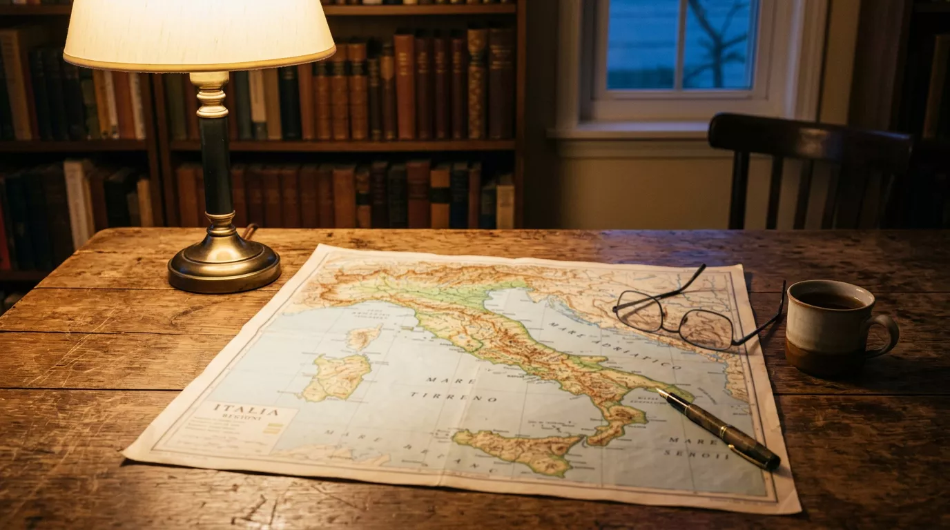 Mappa dell'Italia illuminata da una lampada da tavolo in un ufficio