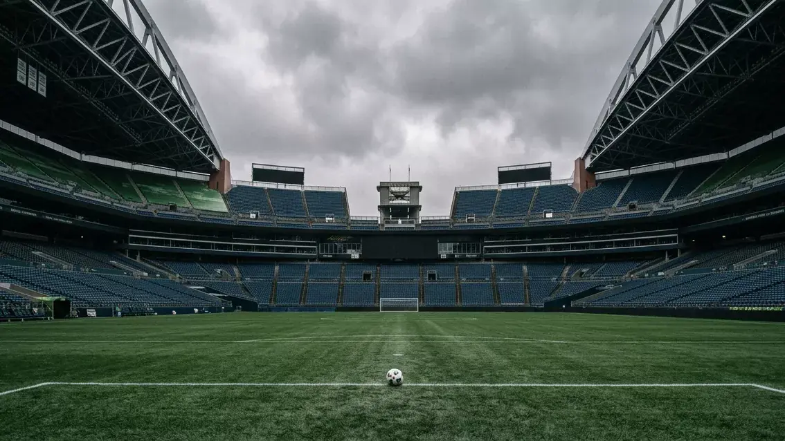Stadio di calcio vuoto in penombra che evoca i casi storici italiani