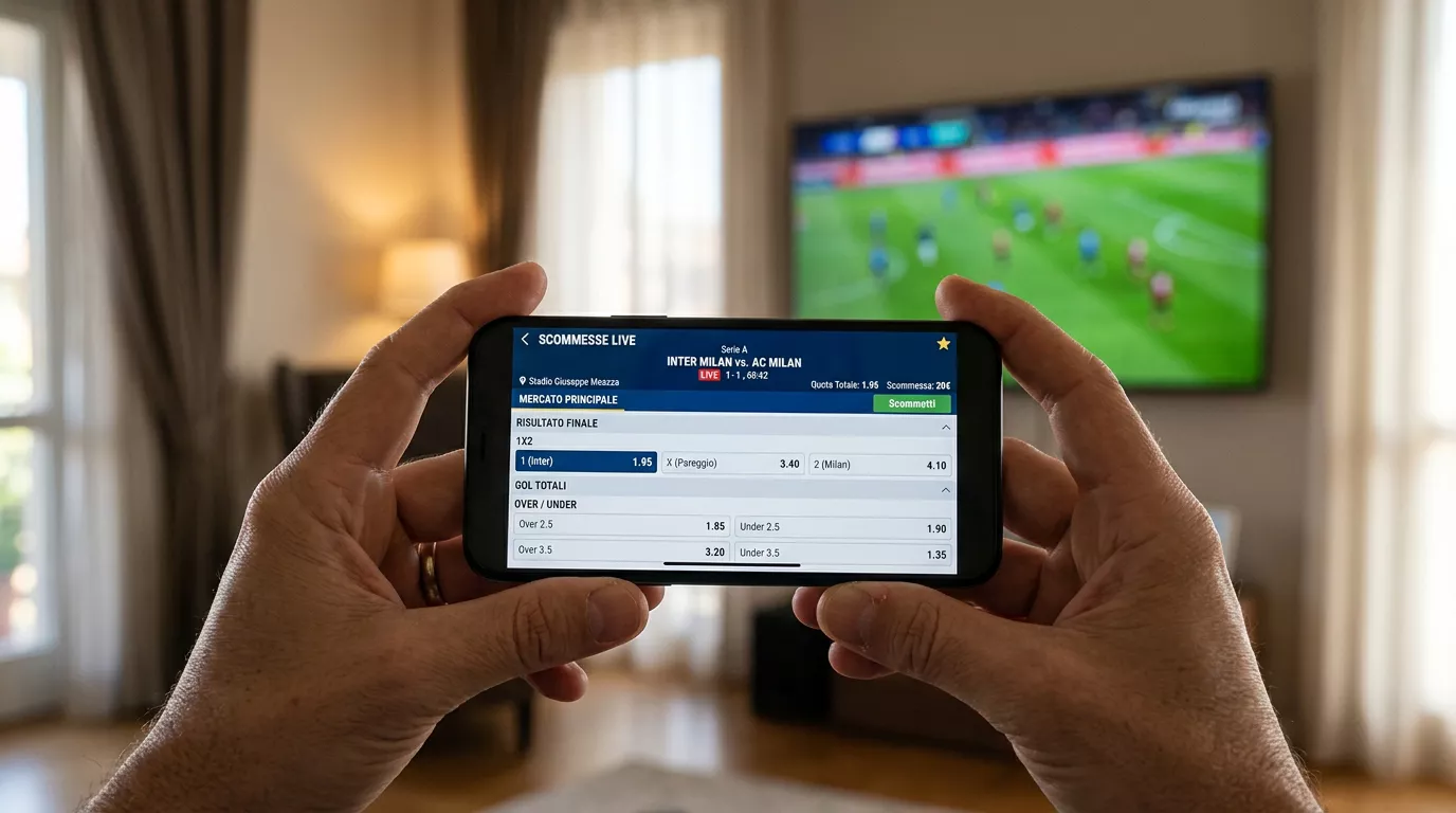 Schermo di un'app di scommesse che mostra i mercati 1X2 e Over Under per una partita di calcio