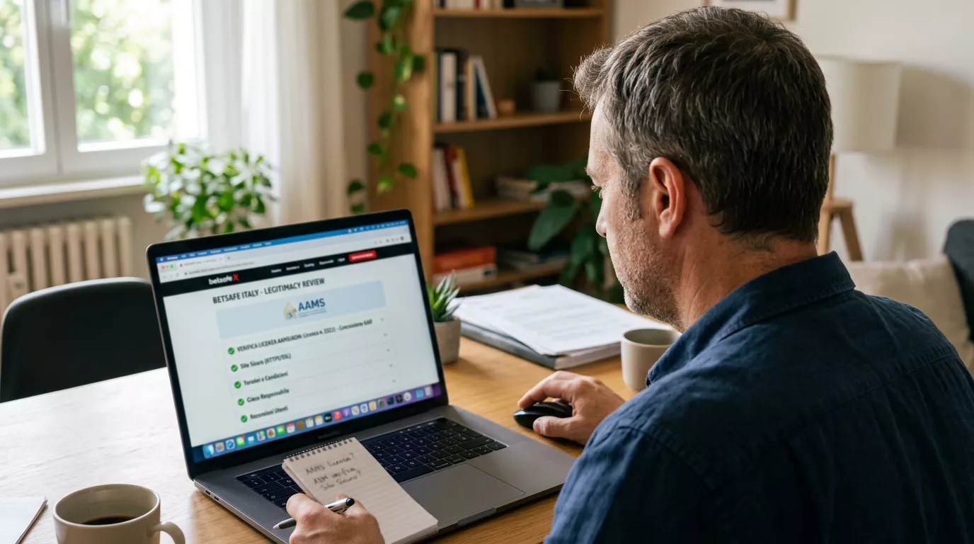 Persona verifica con attenzione la legittimita di un sito di scommesse