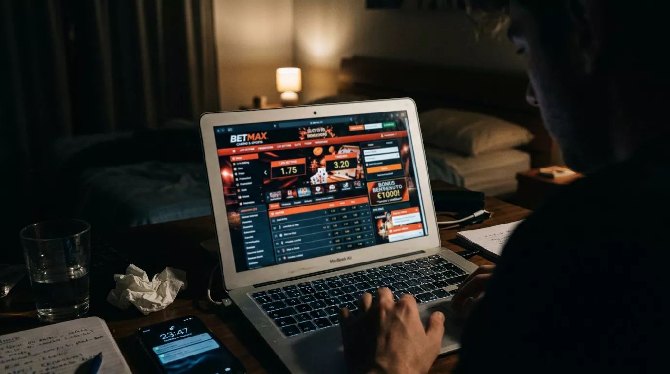 Schermo scuro con un sito di scommesse sospetto in penombra