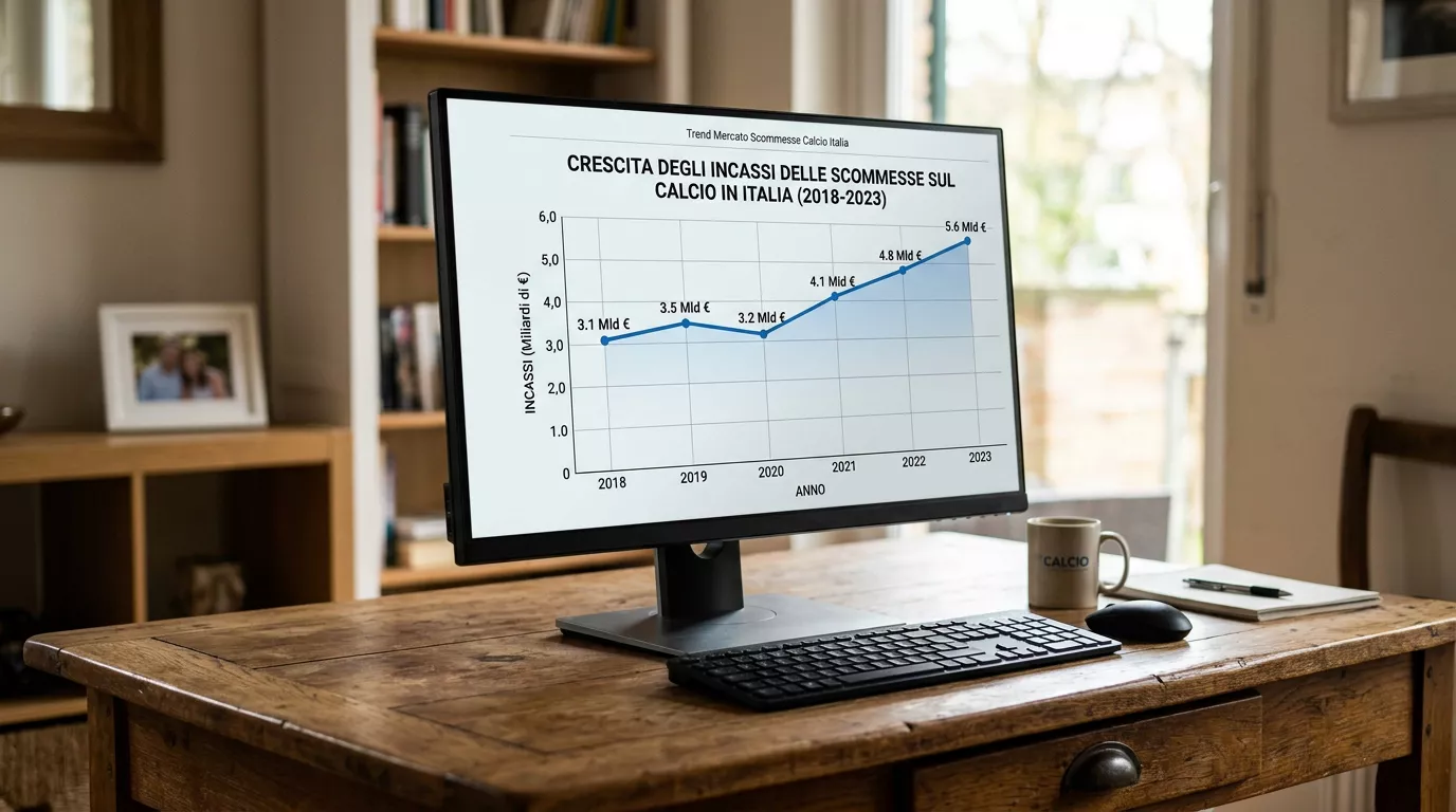 Grafico pulito che illustra la crescita della raccolta scommesse sul calcio in Italia negli ultimi anni