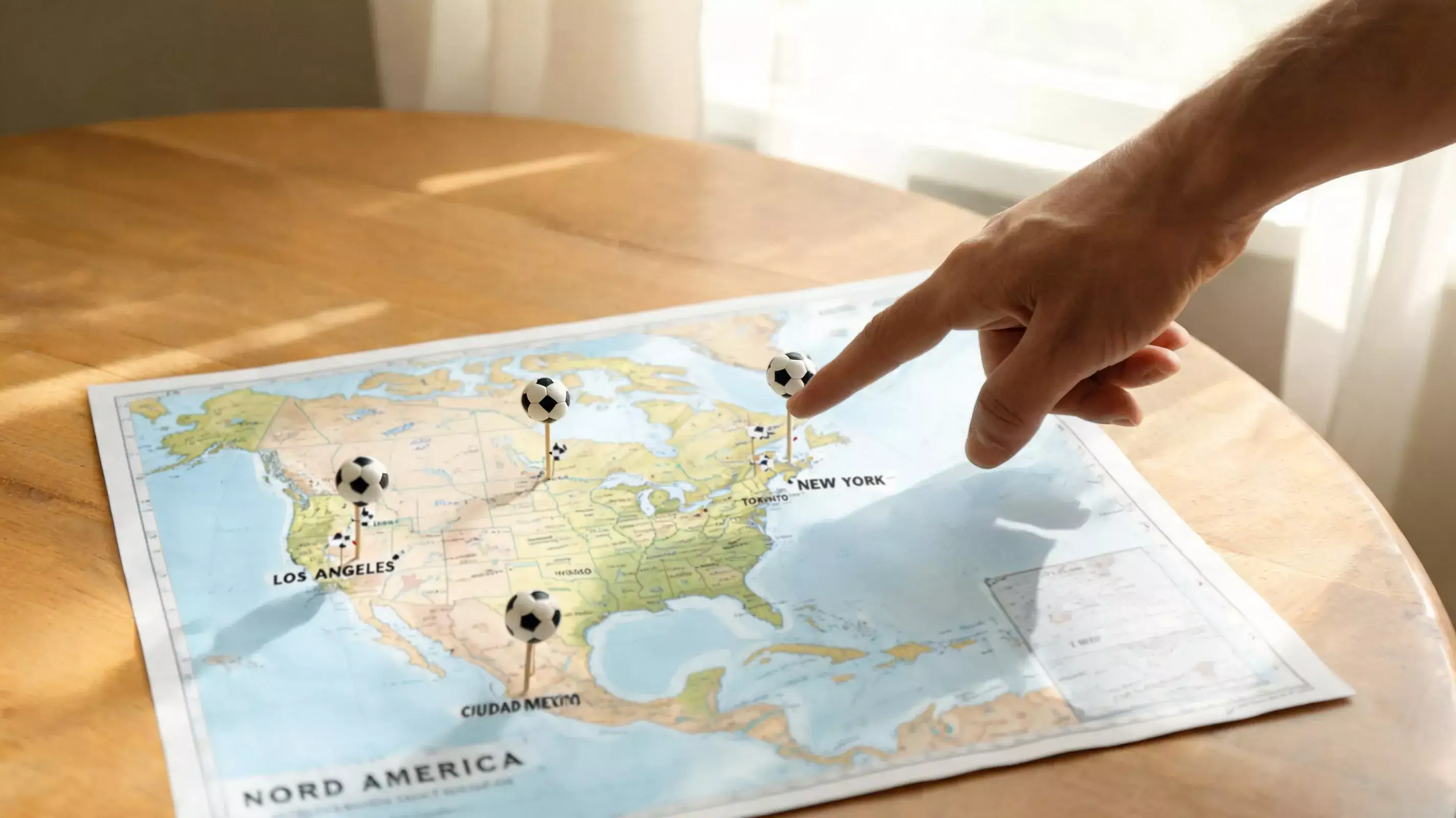 Mappa stilizzata del Nord America con campi da calcio che rappresentano le città ospitanti