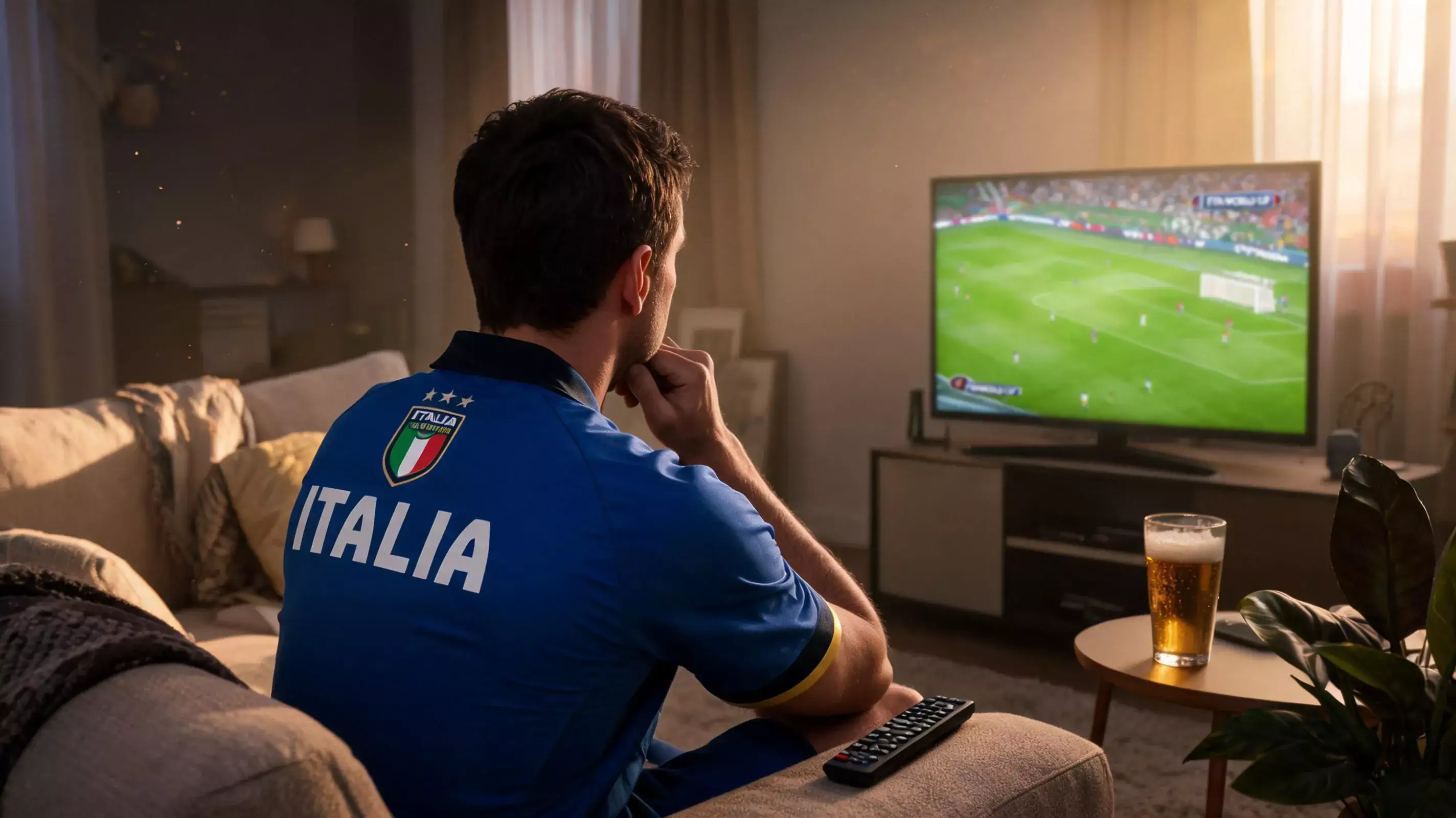 Tifoso italiano guarda pensieroso una partita dei Mondiali in televisione