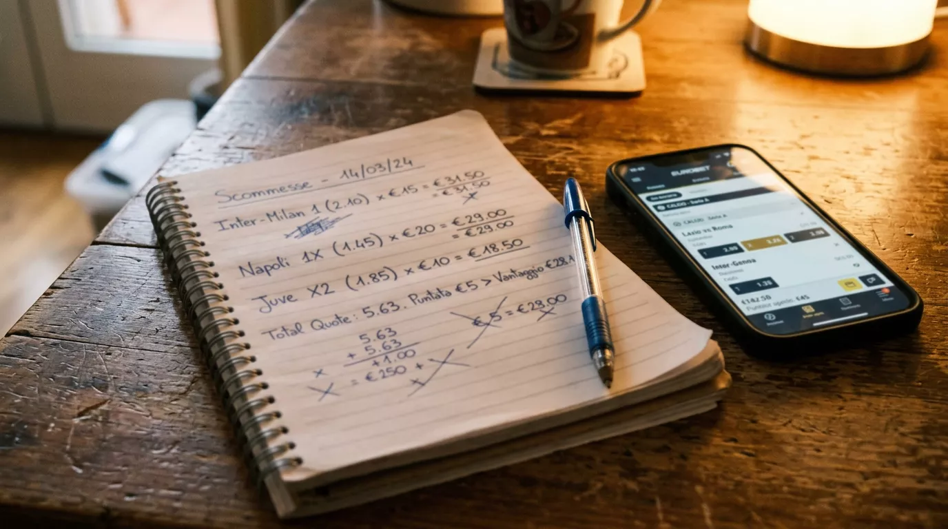 Quaderno con calcolo a mano della quota di una multipla accanto a un telefono