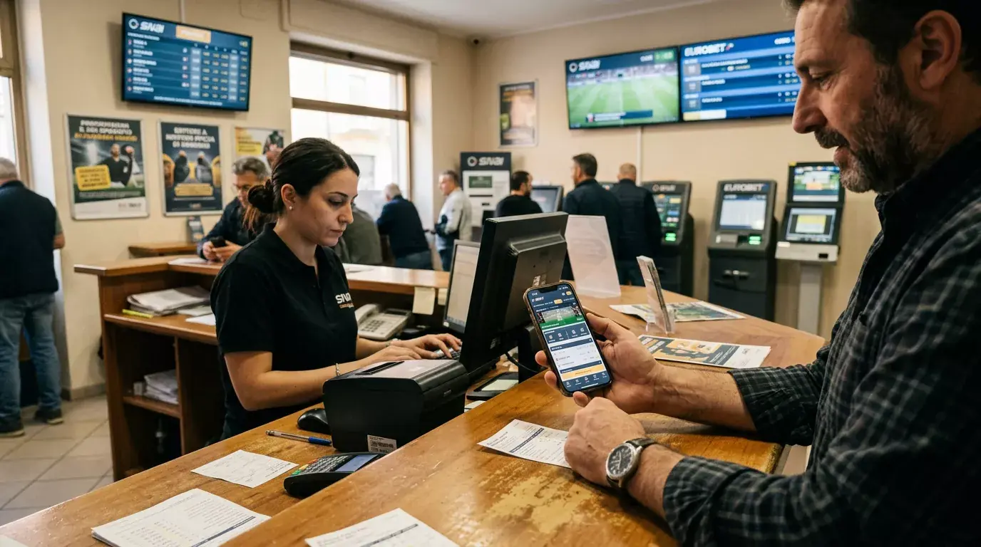 Bancone di un'agenzia di scommesse accanto a uno smartphone con un'app