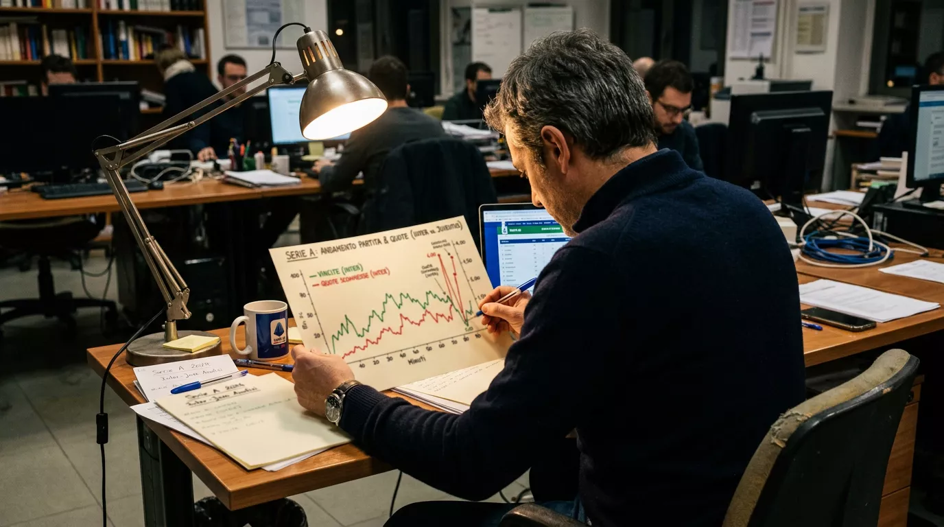 Analista che studia su carta l'andamento del payout e delle quote di una partita di Serie A